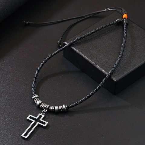 Vintage Legering Hol Kruis Hanger Halsketting Voor Mannen Vrouwen Retro Kralen Wastouw Ketting Sieraden Punk Stijl Cadeaus
