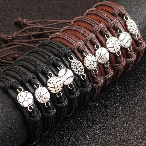 Bracelet de Sport en Cuir Tressé Rétro Football Basket-ball Baseball Volley-ball Rugby Bracelet à Breloque Réglable pour Hommes Jeunes