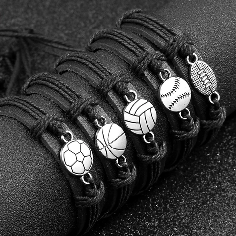 Bracelet de Sport en Cuir Tressé Rétro Football Basket-ball Baseball Volley-ball Rugby Bracelet à Breloque Réglable pour Hommes Jeunes