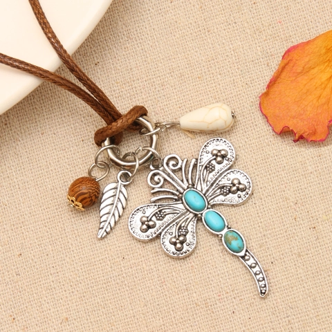 Collana Pendente Libellula in Lega Vintage Con Strass Perlina di Legno Foglia Conchiglia Stile Boho Catena Donna Gioielli
