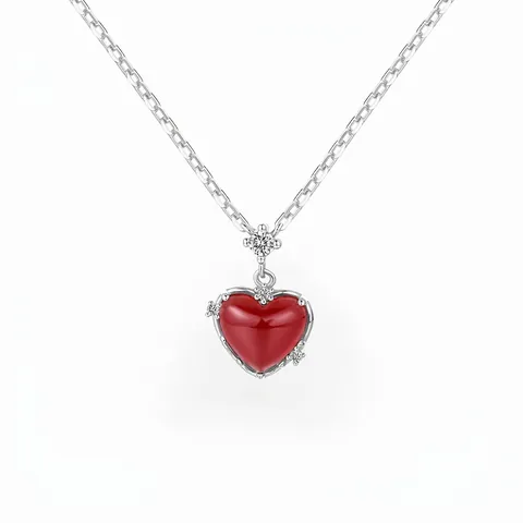 925 Sterling Silver Heart Pendant Necklace Red Agate Inlaid Zirconia Gold Plated Clavicle Chain Jewelry For Women