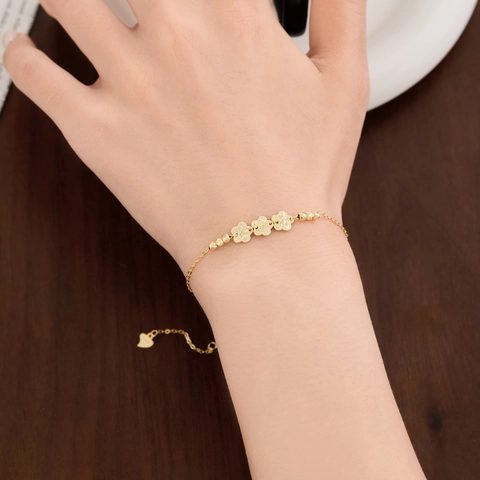 Bracciale a Fiori in Argento Sterling S925 per Donna Placcato in Oro 14K Triplo Fiore di Pesco a Cinque Petali Catena Regolabile