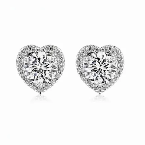 Pendientes de Botón de Corazón de Plata de Ley 925 Para Mujer Elegante Circonia Corte Redondo Halo Pequeños Pendientes Joyería Regalo