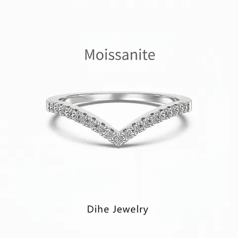 Elegant V-Shape 925 Sterling Silver Moissanite Ring For Women Minimalist Pave Chevron Wedding Anniversary Jewelry Finger Ring