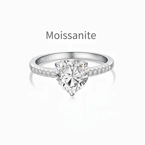Anillo de Plata de Ley 925 Moissanita de Lujo Forma de Corazón Dos Quilates Color D VVS1 Anillo de Compromiso para Mujer Regalo de Boda