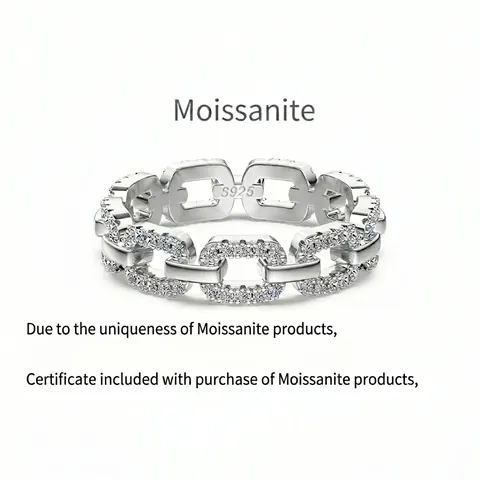 Exquisite Moissanite S925 Sterling Silver Ring For Women Hollow Chain Design Full Inlaid Moissanite Personalized Closed Finger Ring Jewelry
