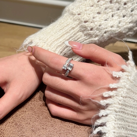 S925 Sterling Silver Moissanite Toi Et Moi Ring Emerald And Square Cut Adjustable Bypass Ring For Women Wedding Jewelry