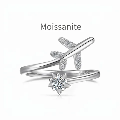 Anillo Abierto de Plata de Ley 925 con Moissanita para Mujer Diseño Ajustable de Avión y Estrella Color D VVS1 Joyería