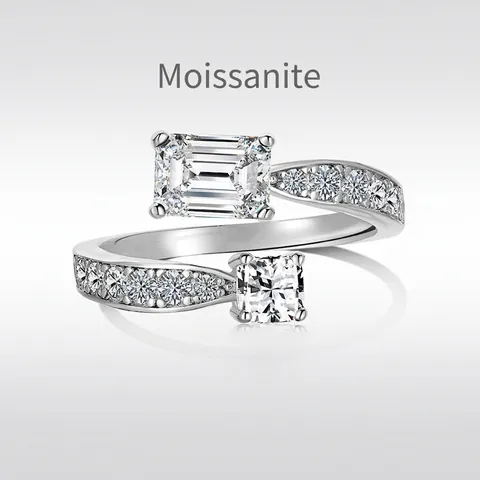 S925 Sterling Silver Moissanite Toi Et Moi Ring Emerald And Square Cut Adjustable Bypass Ring For Women Wedding Jewelry