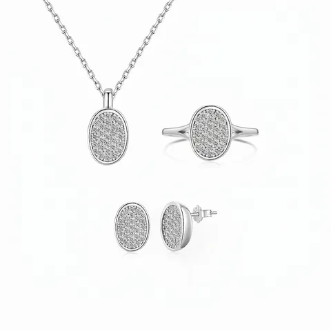 Oval Pavé Zirconia 925 Sterling Silver Jewelry Set For Women Elegant Oval Design Necklace Earrings And Ring Jewelry Set