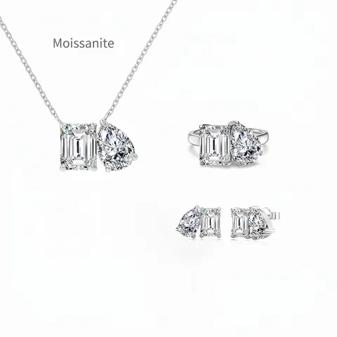 Juego de Joyas de Moissanita de Plata de Ley S925 Toi Et Moi Piedra de Corte Esmeralda Pera Collar Pendientes Anillo Mujer