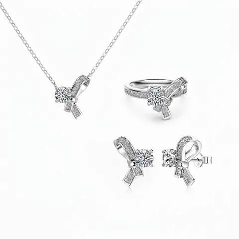 Exquisite Schleife Moissanit 925 Sterlingsilber Schmuckkollektion Halskette Ohrringe Ring Für Damen Mode Accessoires