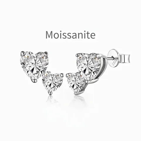 Boucles d'Oreilles Clous en Argent Sterling S925 Moissanite pour Femme Design Double Cœur Étincelant Mariage Bijoux Fins Plaqués Platine
