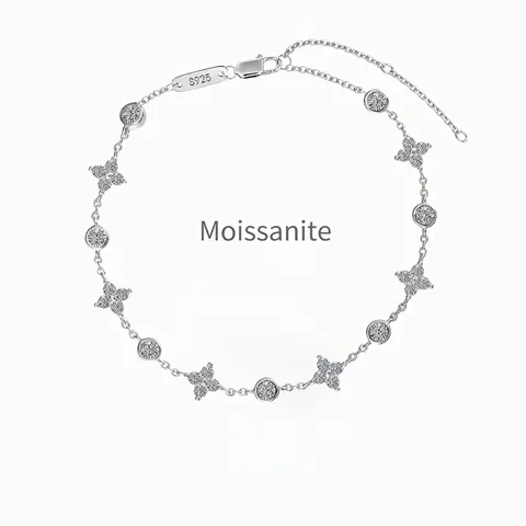 Moissanite 925 Sterling Silver Bracelet For Women Luxury Round Four-Leaf Flower Design Wedding Party Jewelry Gift
