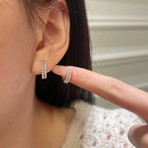 925 Sterling Silver Moissanite Hoop Earrings For Women White Gold Plated Double Row Pave Circular Geometric Earrings Commute Jewelry