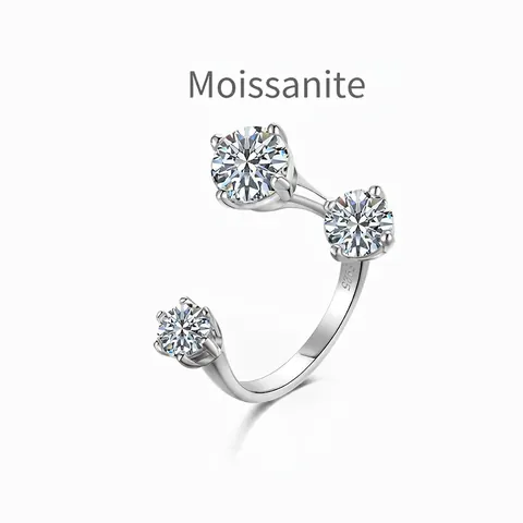 Anello in Argento Sterling 925 con Moissanite per Donna Taglio Rotondo Colore D VVS1 Tre Pietre Anello Aperto Regolabile Gioielli