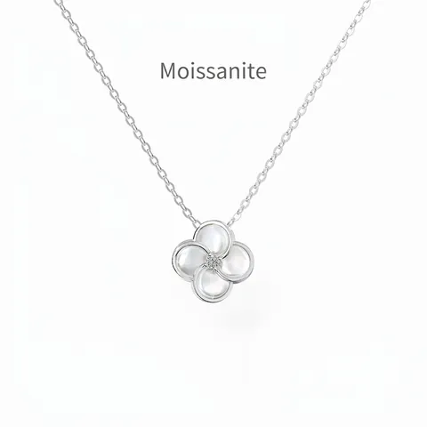 Collana con Pendente Quadrifoglio in Argento Sterling S925 Moissanite e Madreperla Per Donna Gioielli Eleganti Squisiti Regalo