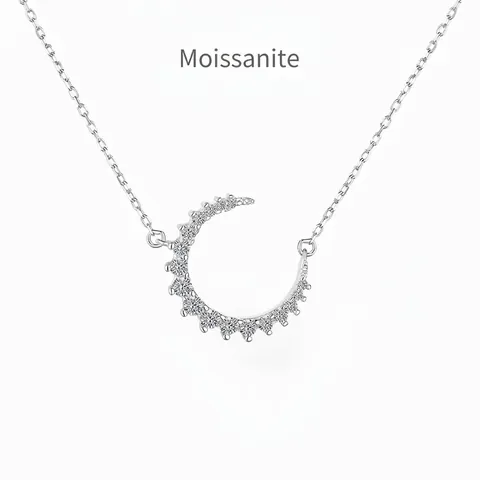 Exquisite S925 Sterling Silver Crescent Moon Pendant Necklace D Color VVS1 Moissanite Pave Clavicle Chain For Women Jewelry