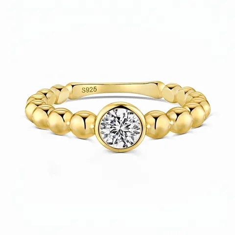 S925 Sterling Zilveren Ring Voor Dames Kralen Band Ontwerp Enkele Ronde Zirconia Ingelegd Prachtige Mode Sieraden Ring Verguld