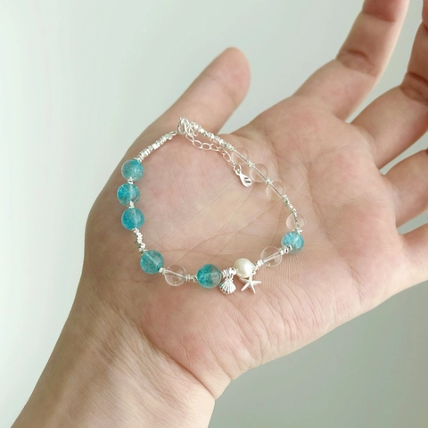 925 Sterling Silver Ocean Beaded Bracelet For Women Blue Crystal Starfish Shell Conch Artificial Pearl Charm Jewelry