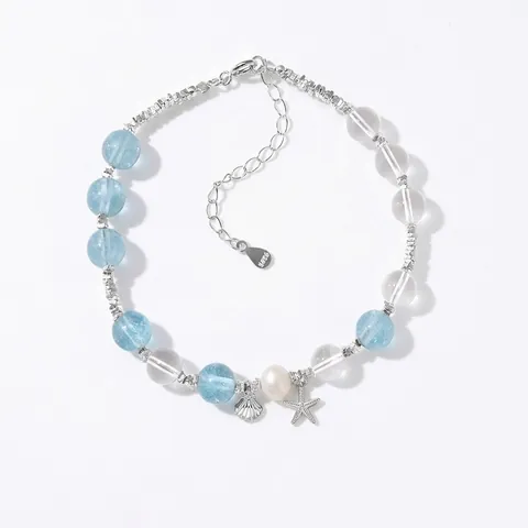 925 Sterling Silver Ocean Beaded Bracelet For Women Blue Crystal Starfish Shell Conch Artificial Pearl Charm Jewelry