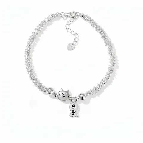Linda Pulsera con Dije de Gato de Plata de Ley 925 para Mujer Dije de Pez Smile Diseño de Bobina Joyería Ajustable Regalo