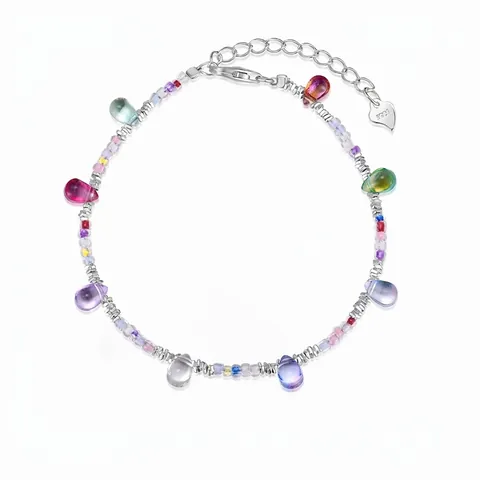Bracciale in Argento Sterling 925 con Perline di Vetro Colorate per Donna Charm a Goccia Bohemien Catena Regolabile Gioielli