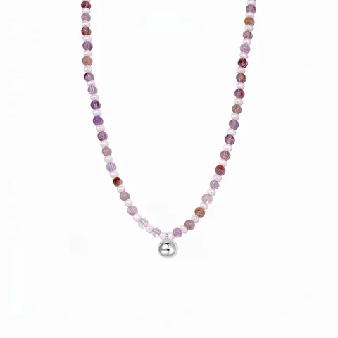 Collar de Cuentas de Plata de Ley S925 para Mujer Amatista Fantasma Púrpura Natural Perla Artificial Colgante de Bola Redonda Elegante Joyería de Moda