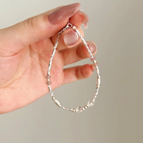 925 Sterlingsilber Perlen Armband Für Damen Erdbeerquarz Weißer Kristall Minimalistisch Mode Verstellbarer Handschmuck