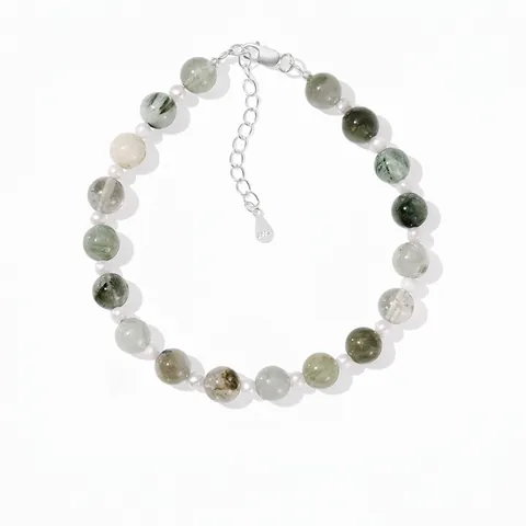 925 Sterling Silver Bracelet For Women Natural Green Rutilated Quartz Freshwater Pearl Beaded Bracelet Minimalist Hand Jewelry Gift