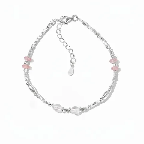 925 Sterlingsilber Perlen Armband Für Damen Erdbeerquarz Weißer Kristall Minimalistisch Mode Verstellbarer Handschmuck