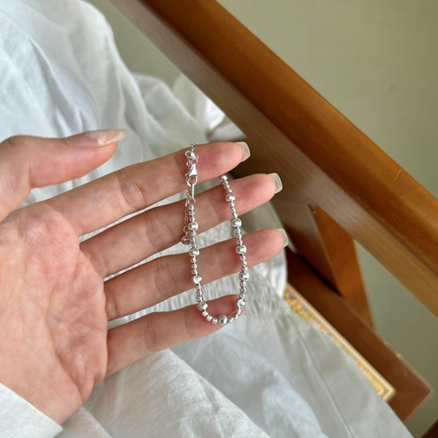 French Retro 925 Sterling Silver Beaded Bracelet For Women Frosted Diamond Cut Round Beads Rhinestone Charm Elegant Jewelry