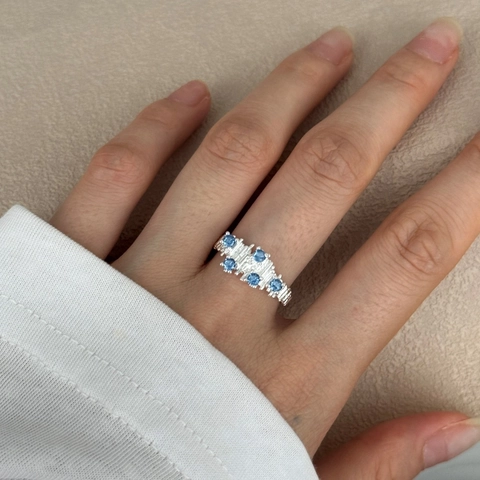 Anillo Ajustable Abierto de Plata de Ley S925 con Circonia Azul Aurora Textura Irregular Anillo Artístico Joyería Mujer