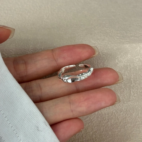 Minimalist 925 Sterling Silver Open Ring For Women Irregular Wave Design Lava Texture Adjustable Fashion Jewelry Gift