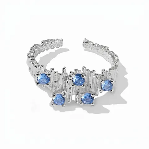 Anillo Ajustable Abierto de Plata de Ley S925 con Circonia Azul Aurora Textura Irregular Anillo Artístico Joyería Mujer
