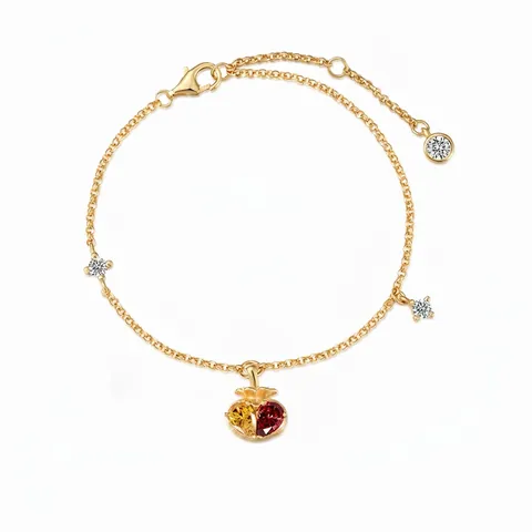 Bracciale in Argento Sterling S925 Placcato Oro per Donna Ciondolo Frutta Melograno Zirconia Rosso Giallo Gioiello Sottile