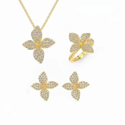 925 Sterling Silver Zirconia Flower Butterfly Jewelry Set For Women Pave Setting French Style Necklace Earrings Ring Wedding Party Jewelry