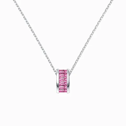 925 Sterling Silver Necklace For Women Pink Zirconia Pave Inlaid Delicate Cylindrical Pendant Elegant Clavicle Chain Jewelry