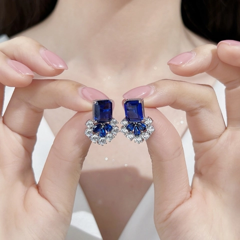 French Vintage 925 Sterling Silver Stud Earrings Women Luxurious Blue Stone Rhinestone Water Drop Wedding Jewelry