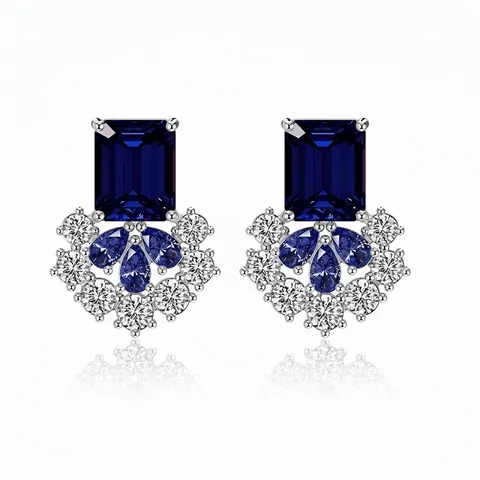 French Vintage 925 Sterling Silver Stud Earrings Women Luxurious Blue Stone Rhinestone Water Drop Wedding Jewelry