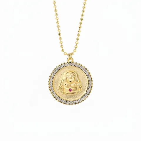 S925 Plata De Ley Buda Maitreya Colgante Collar Para Mujer Redondo Diamantes De Imitación Incrustados Chapado En Oro Etnico Cadena De Clavícula Joyería