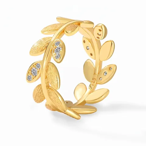 925 Sterling Silver Gold Plated Zirconia Leaf Ring Vintage Minimalist Wheat Ear Finger Ring Fashion Jewelry For Women