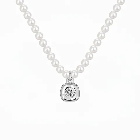 French S925 Sterling Silver Pearl Necklace For Women Irregular Square Pendant Rhinestone Beaded Choker Elegant Jewelry