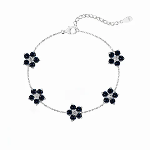 Bracelet Élégant en Argent Sterling 925 pour Femme Cinq Fleurs en Zirconia Bleu Chaîne en Argent Bijoux Cadeau