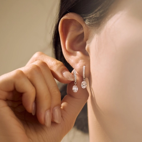 Pendientes de Gota de Plata de Ley 925 con Circonia Ovalada para Mujer Joyas Geométricas Incrustadas Galvanizadas