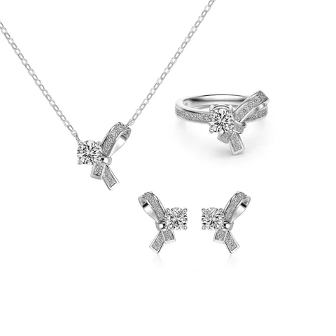 S925 Sterling Silver Bowknot Jewelry Set For Women Zirconia Inlaid Bow Ribbon Necklace Earrings Ring Elegant Party Jewelry