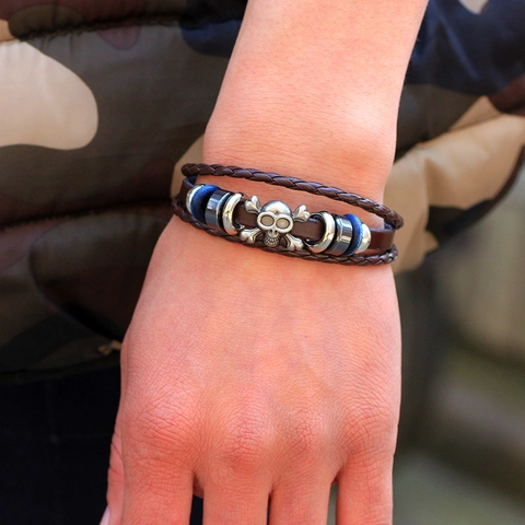 Bracciale in Pelle Punk Vintage Con Teschio per Uomo Donna Intrecciato a Più Strati in Lega Gothic Retro Gioielli da Mano