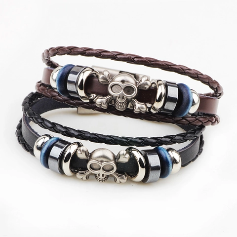 Bracciale in Pelle Punk Vintage Con Teschio per Uomo Donna Intrecciato a Più Strati in Lega Gothic Retro Gioielli da Mano