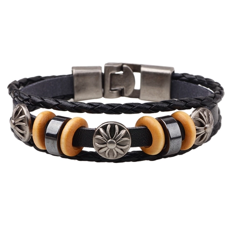 Vintage Multi-layer Woven Cowhide Leather Bracelet For Men Alloy Sunflower Charm Wooden Beads Punk Bohemian Style Hand Jewelry Gift