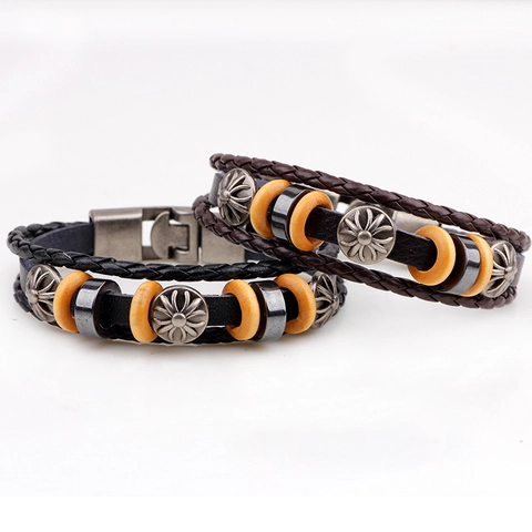 Vintage Multi-layer Woven Cowhide Leather Bracelet For Men Alloy Sunflower Charm Wooden Beads Punk Bohemian Style Hand Jewelry Gift